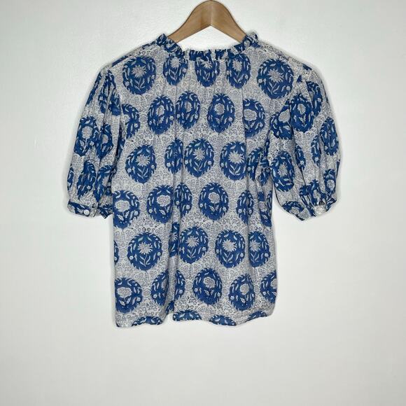 Marea Puff Sleeve Button Up Blouse Womens Small Blue Floral Block Print Cotton - Picture 6 of 8